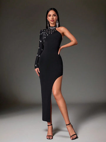Elegant Black Luxurious Crystal Embellished One Shoulder High Slit One-Sleeve Bandage Formal Gown Maxi Dress For Women (Heavily Embellished)
