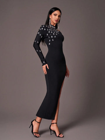 Elegant Black Luxurious Crystal Embellished One Shoulder High Slit One-Sleeve Bandage Formal Gown Maxi Dress For Women (Heavily Embellished)