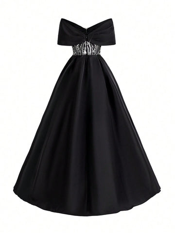 Elegant Black Satin Splicing Gorgeous Positioning Beads One-Shoulder Bow Rhinestone Button Bust Cup High Waist Thin Oversized  Fluttering Piece Bachelorette Party Graduation Season Wedding Event Heavy Court Style Dinner Dance Dresses