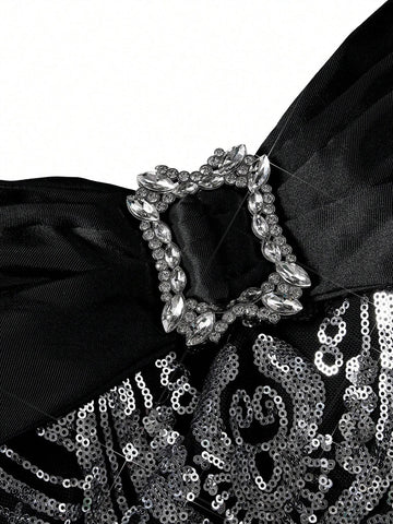 Elegant Black Satin Splicing Gorgeous Positioning Beads One-Shoulder Bow Rhinestone Button Bust Cup High Waist Thin Oversized  Fluttering Piece Bachelorette Party Graduation Season Wedding Event Heavy Court Style Dinner Dance Dresses