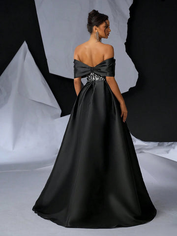 Elegant Black Satin Splicing Gorgeous Positioning Beads One-Shoulder Bow Rhinestone Button Bust Cup High Waist Thin Oversized  Fluttering Piece Bachelorette Party Graduation Season Wedding Event Heavy Court Style Dinner Dance Dresses