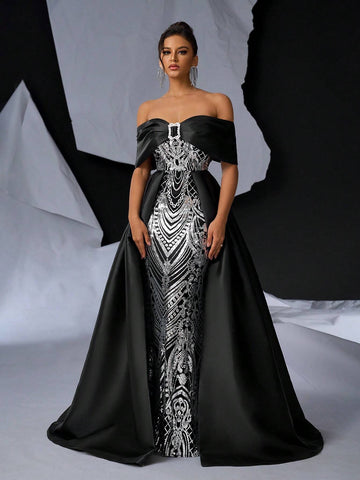 Elegant Black Satin Splicing Gorgeous Positioning Beads One-Shoulder Bow Rhinestone Button Bust Cup High Waist Thin Oversized  Fluttering Piece Bachelorette Party Graduation Season Wedding Event Heavy Court Style Dinner Dance Dresses