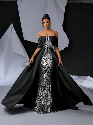 Elegant Black Satin Splicing Gorgeous Positioning Beads One-Shoulder Bow Rhinestone Button Bust Cup High Waist Thin Oversized  Fluttering Piece Bachelorette Party Graduation Season Wedding Event Heavy Court Style Dinner Dance Dresses