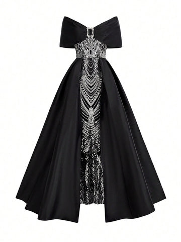 Elegant Black Satin Splicing Gorgeous Positioning Beads One-Shoulder Bow Rhinestone Button Bust Cup High Waist Thin Oversized  Fluttering Piece Bachelorette Party Graduation Season Wedding Event Heavy Court Style Dinner Dance Dresses