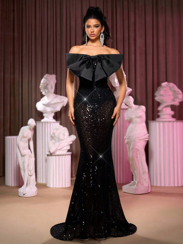 Elegant Black Strapless Exaggerated Romantic Bow Design See-Through Mermaid Tail Maxi Evening Dress, Sexy Party/Wedding/Prom Gown