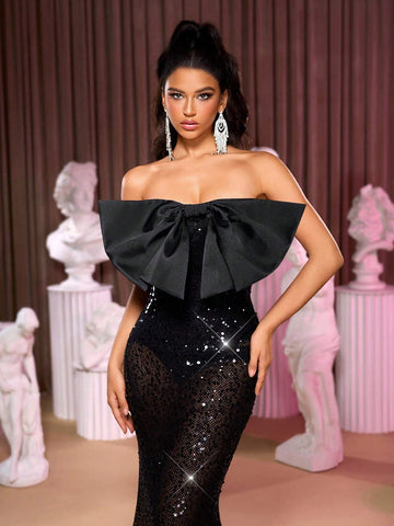 Elegant Black Strapless Exaggerated Romantic Bow Design See-Through Mermaid Tail Maxi Evening Dress, Sexy Party/Wedding/Prom Gown