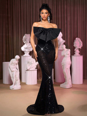 Elegant Black Strapless Exaggerated Romantic Bow Design See-Through Mermaid Tail Maxi Evening Dress, Sexy Party/Wedding/Prom Gown
