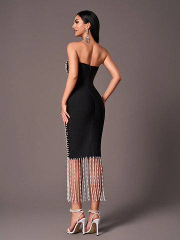 Elegant Black Strapless Luxury Handmade Beaded Pearl Chain Tassel Hem Bodycon Maxi Dress, Suitable For Party, Wedding, Formal Occasion