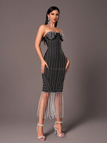 Elegant Black Strapless Luxury Handmade Beaded Pearl Chain Tassel Hem Bodycon Maxi Dress, Suitable For Party, Wedding, Formal Occasion