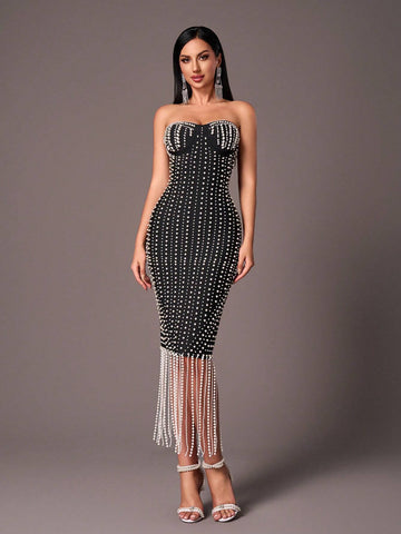 Elegant Black Strapless Luxury Handmade Beaded Pearl Chain Tassel Hem Bodycon Maxi Dress, Suitable For Party, Wedding, Formal Occasion