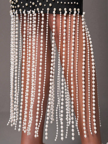 Elegant Black Strapless Luxury Handmade Beaded Pearl Chain Tassel Hem Bodycon Maxi Dress, Suitable For Party, Wedding, Formal Occasion