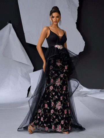 Elegant Black Straps V-Neck Bra Cups Upper Section Lace Waist SectionRomantic Embroidery Flowers And Floor Dragging Pendulum Dating Bachelorette Party Graduation Wedding Event Heavy Industry Dinner Party