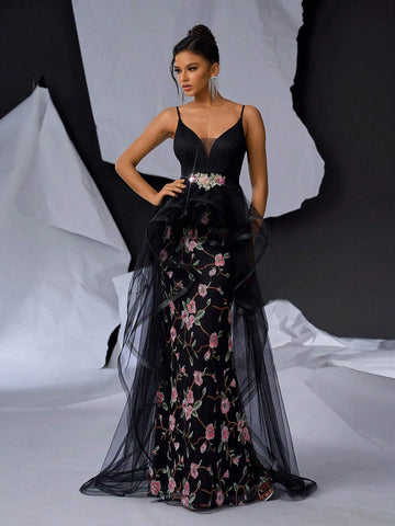 Elegant Black Straps V-Neck Bra Cups Upper Section Lace Waist SectionRomantic Embroidery Flowers And Floor Dragging Pendulum Dating Bachelorette Party Graduation Wedding Event Heavy Industry Dinner Party