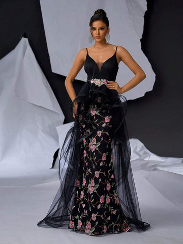 Elegant Black Straps V-Neck Bra Cups Upper Section Lace Waist SectionRomantic Embroidery Flowers And Floor Dragging Pendulum Dating Bachelorette Party Graduation Wedding Event Heavy Industry Dinner Party