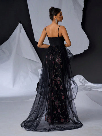 Elegant Black Straps V-Neck Bra Cups Upper Section Lace Waist SectionRomantic Embroidery Flowers And Floor Dragging Pendulum Dating Bachelorette Party Graduation Wedding Event Heavy Industry Dinner Party