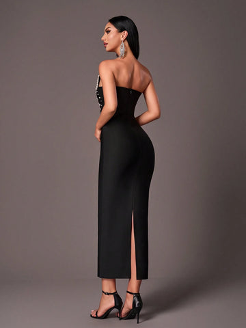 Elegant Black Tube Top, Novel Exaggerated Neckline, Gorgeous Hand-Made Beading, Tight-Fitting Rear Slit, Evening Bandage Dress (Heavy Industry Style)