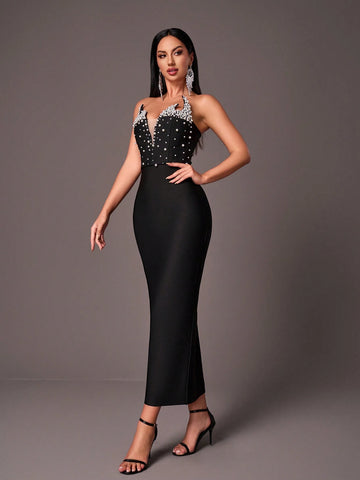 Elegant Black Tube Top, Novel Exaggerated Neckline, Gorgeous Hand-Made Beading, Tight-Fitting Rear Slit, Evening Bandage Dress (Heavy Industry Style)