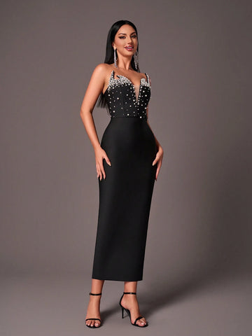 Elegant Black Tube Top, Novel Exaggerated Neckline, Gorgeous Hand-Made Beading, Tight-Fitting Rear Slit, Evening Bandage Dress (Heavy Industry Style)