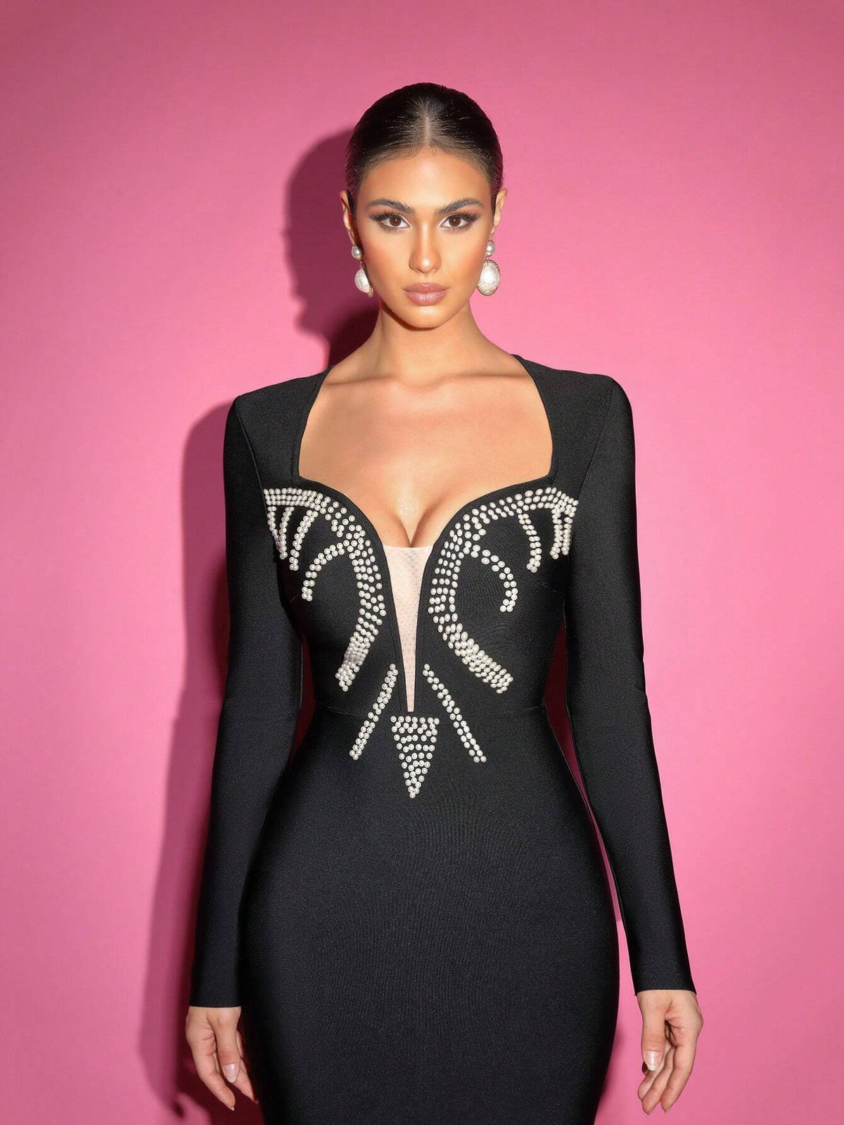 Elegant Black V-Neck Long Sleeve Handmade Beaded Fitted Maxi Dress With Back Slit,Wedding Event Dress