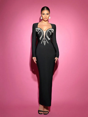 Elegant Black V-Neck Long Sleeve Handmade Beaded Fitted Maxi Dress With Back Slit,Wedding Event Dress