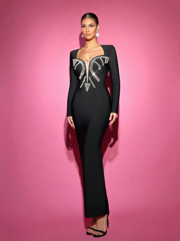 Elegant Black V-Neck Long Sleeve Handmade Beaded Fitted Maxi Dress With Back Slit,Wedding Event Dress