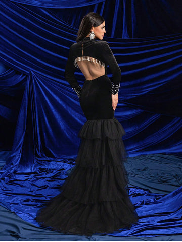 Elegant Black Velvet Stand-Up Collar, Shoulder Pads, Long Sleeves, Cuffs, Gorgeous Beaded Hem, Mesh Cake Skirt, Stitched Back, Large Backless Tassels, Suitable For All Formal Occasions, Heavy-Duty Evening Gowns