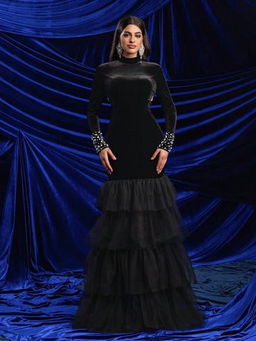 Elegant Black Velvet Stand-Up Collar, Shoulder Pads, Long Sleeves, Cuffs, Gorgeous Beaded Hem, Mesh Cake Skirt, Stitched Back, Large Backless Tassels, Suitable For All Formal Occasions, Heavy-Duty Evening Gowns