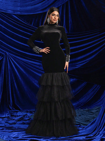 Elegant Black Velvet Stand-Up Collar, Shoulder Pads, Long Sleeves, Cuffs, Gorgeous Beaded Hem, Mesh Cake Skirt, Stitched Back, Large Backless Tassels, Suitable For All Formal Occasions, Heavy-Duty Evening Gowns