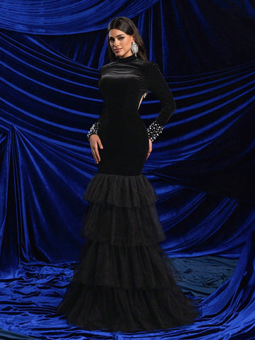 Elegant Black Velvet Stand-Up Collar, Shoulder Pads, Long Sleeves, Cuffs, Gorgeous Beaded Hem, Mesh Cake Skirt, Stitched Back, Large Backless Tassels, Suitable For All Formal Occasions, Heavy-Duty Evening Gowns