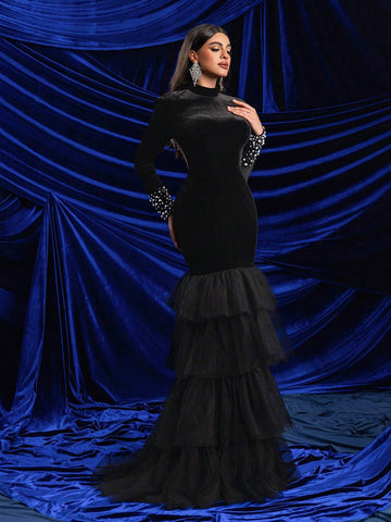 Elegant Black Velvet Stand-Up Collar, Shoulder Pads, Long Sleeves, Cuffs, Gorgeous Beaded Hem, Mesh Cake Skirt, Stitched Back, Large Backless Tassels, Suitable For All Formal Occasions, Heavy-Duty Evening Gowns
