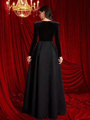 Elegant Black Velvet & Satin Patchwork Long Sleeve Asymmetric Beaded High Waist Slim A-Line Formal Dress