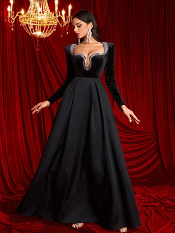 Elegant Black Lace V-Neck Lantern Sleeve Waist Cinched See-Through High Waist Slimming Side High Slit Fish Tail Maxi Evening Gown