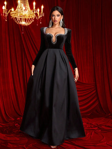 Elegant Black Lace V-Neck Lantern Sleeve Waist Cinched See-Through High Waist Slimming Side High Slit Fish Tail Maxi Evening Gown