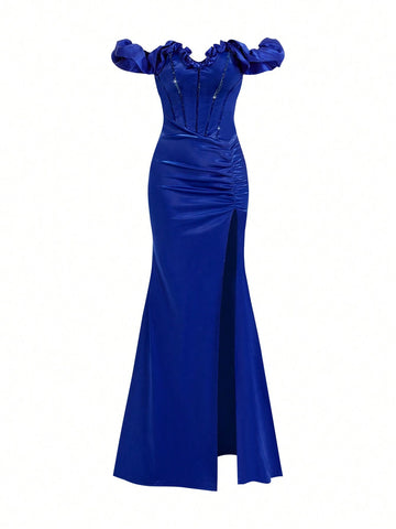 Elegant Blue 3D Decorated Deep V Neck One Shoulder Slender Glitter Weave Belted Sexy Fit And Flare High Slit Single Party Mermaid Evening Formal Dress