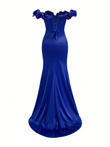 Elegant Blue 3D Decorated Deep V Neck One Shoulder Slender Glitter Weave Belted Sexy Fit And Flare High Slit Single Party Mermaid Evening Formal Dress