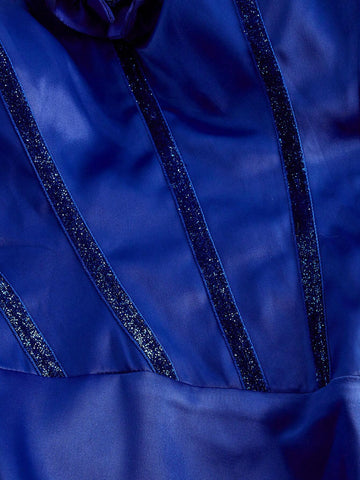 Elegant Blue 3D Decorated Deep V Neck One Shoulder Slender Glitter Weave Belted Sexy Fit And Flare High Slit Single Party Mermaid Evening Formal Dress