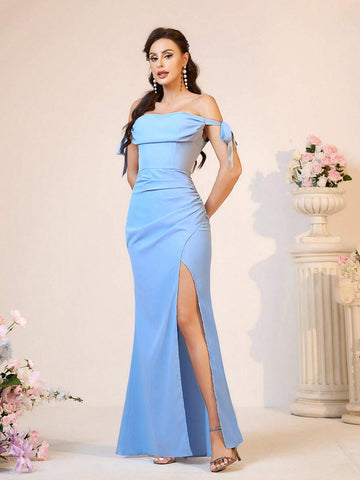 Elegant Blue Blue Satin One Shoulder Hanging Sleeve Halter Two Ways Wear Swing Neck  Floor Length Parent-Child Event Wedding Event Music Festival Eid Al-Adha Vacation Bridesmaid Dresses (Adult)