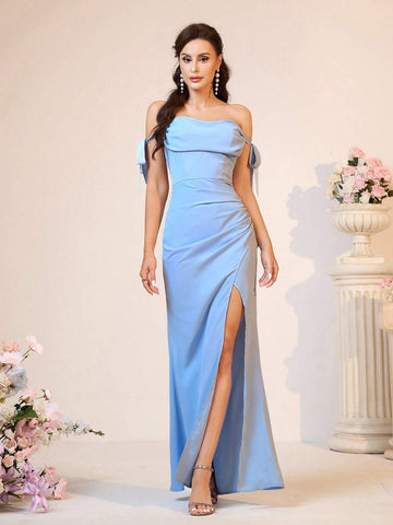 Elegant Blue Blue Satin One Shoulder Hanging Sleeve Halter Two Ways Wear Swing Neck  Floor Length Parent-Child Event Wedding Event Music Festival Eid Al-Adha Vacation Bridesmaid Dresses (Adult)