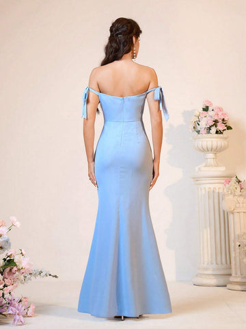 Elegant Blue Blue Satin One Shoulder Hanging Sleeve Halter Two Ways Wear Swing Neck  Floor Length Parent-Child Event Wedding Event Music Festival Eid Al-Adha Vacation Bridesmaid Dresses (Adult)