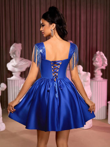 Elegant Blue Sequin Fringe Patchwork Ruched Chest Cup High Waist A Line Versatile Formal Occasion & Ball Gown