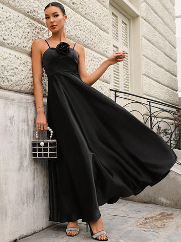 Elegant Bridesmaid Dress With 3d Flower Decorated Spaghetti Straps