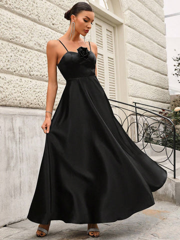 Elegant Bridesmaid Dress With 3d Flower Decorated Spaghetti Straps