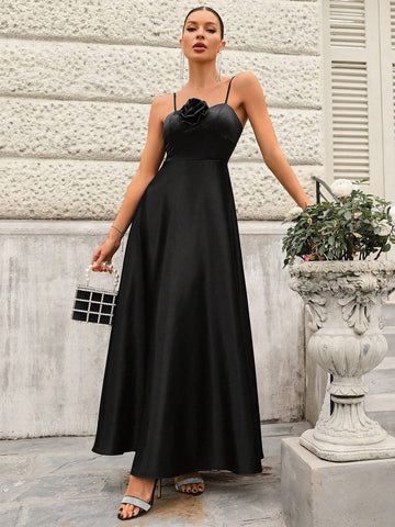 Elegant Bridesmaid Dress With 3d Flower Decorated Spaghetti Straps