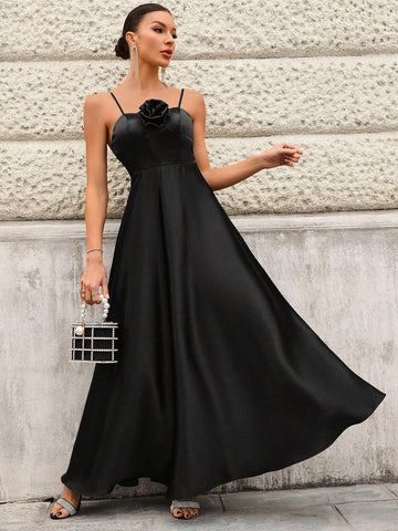 Elegant Bridesmaid Dress With 3d Flower Decorated Spaghetti Straps