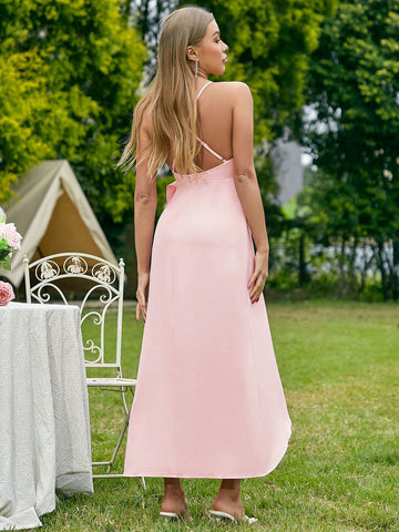 Elegant Bridesmaid Dress With Large Bow, Short Front And Long Back Design And Open Back