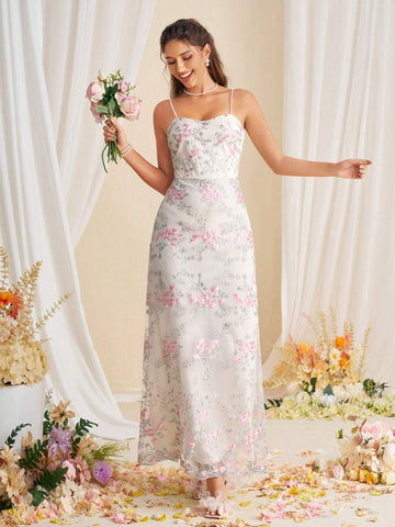 Elegant Bridesmaid Maxi Dress With Embroidered Suspended Flowers For Women
