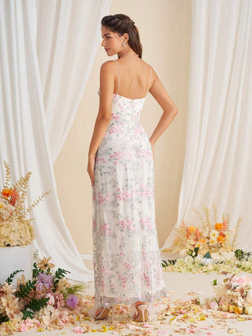 Elegant Bridesmaid Maxi Dress With Embroidered Suspended Flowers For Women
