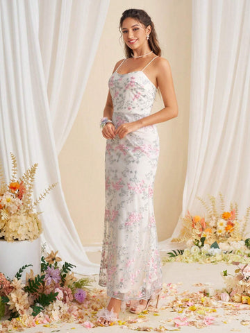 Elegant Bridesmaid Maxi Dress With Embroidered Suspended Flowers For Women