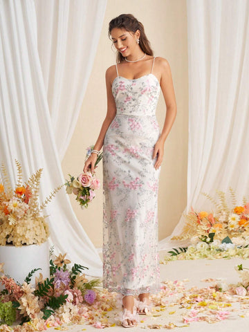 Elegant Bridesmaid Maxi Dress With Embroidered Suspended Flowers For Women