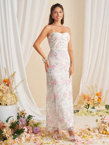 Elegant Bridesmaid Maxi Dress With Embroidered Suspended Flowers For Women